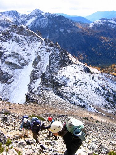 We put on our helmets for the steeper rock near the top.